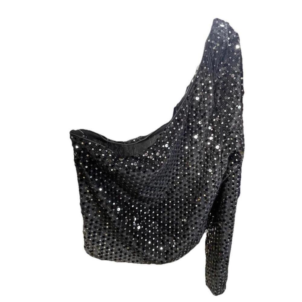 MANGO WOMENS SEQUINNED ASYMMETRIC ONE SHOULDER LONG SLEEVE TOP BLACK SIZE M
